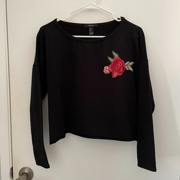 Forever21 Black Cropped Sweater with Rose Embroidery - Picture 1 of 3
